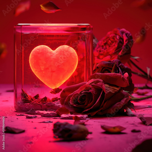 Surreal glowing heart enclosed in transparent crystal cube surrounded by red roses, dreamlike romantic composition with vivid pink tones, conceptual Valentine love symbol and fragile emotion theme