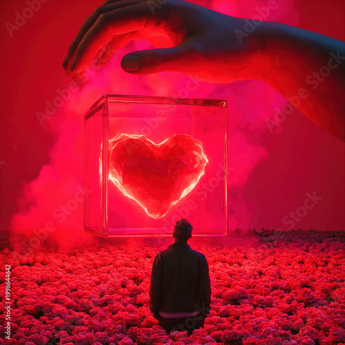 Surreal glowing heart inside transparent cube with giant hand above and lone figure below in rose filled landscape, dreamlike romantic scene in vivid red tones, conceptual Valentine love symbolism