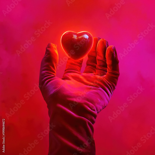 Surreal velvet gloved hand presenting glowing heart against vivid red background, dreamlike romantic composition with soft light and rich pink tones, conceptual Valentine love and desire theme