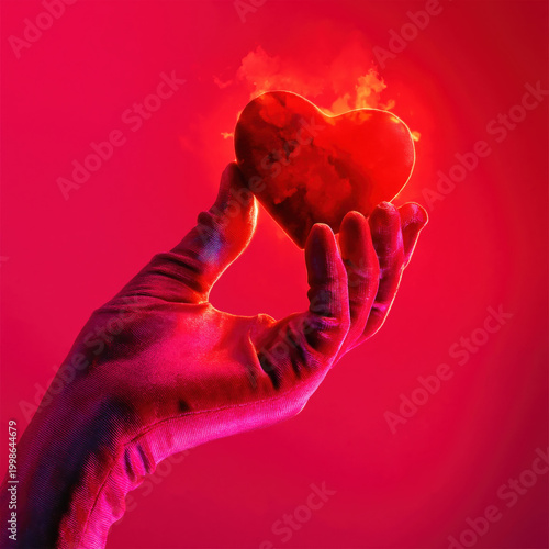 Surreal velvet gloved hand holding glowing heart in vivid red light, dreamlike romantic composition with soft illumination and bold tones, conceptual Valentine love symbol and sensual emotion theme