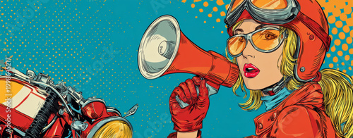 Blonde Woman Wearing Red Helmet And Goggles Holding Megaphone Next To Motorcycle For Advertising Concepts