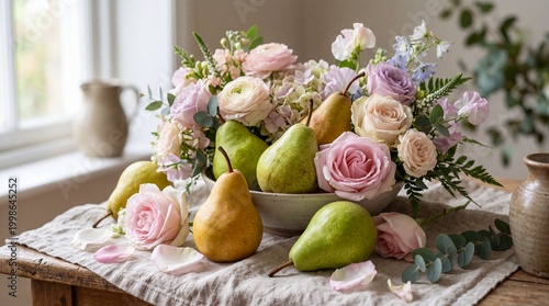 Colorful fruit arrangement with pears and flowers