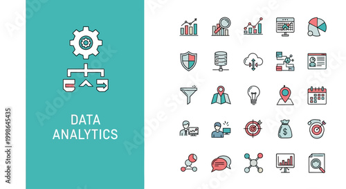 Set of data analytics and business management line icons for infographic or web design
