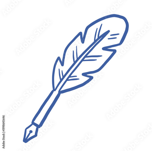 Blue ink sketch of a classic quill feather pen for creative writing and literature arts