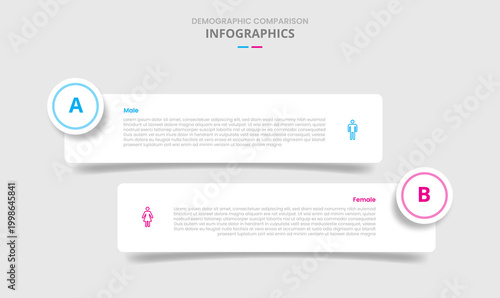 Demographic comparison for infographic with drop shadow style with round rectangle box with circle badge with two point list information