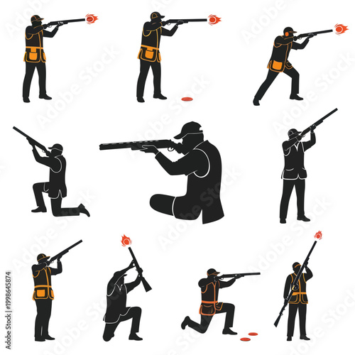 Clay Pigeon Shooting Silhouettes: Various Poses of Shooters