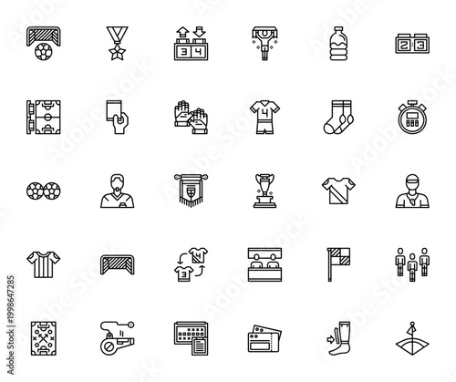 Football Elements icon set. Vector illustration of goal box, medal, scoreboard, fan, trophy, referee, field, jersey and more. Editable stroke line icons.