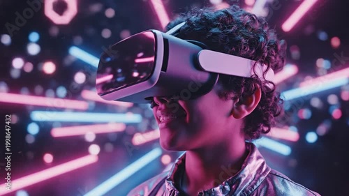 Young person in VR headset immersed in futuristic neon metaverse