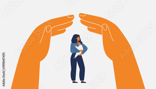 hands create secure environment via home roof gesture above mother with child. arms protect and care about women with children. Legal defense, shelter, medical and life insurance for females with kids