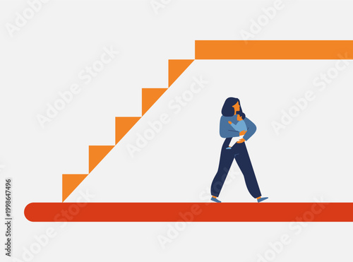 woman with baby walks past career ladder. mother choosing the path of motherhood over job. missed opportunities or challenge of balancing childcare and professional growth. vector illustration