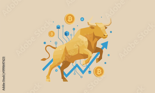 Bitcoin crypto currency, cryptocurrency soaring hit new high record concept, golden bull with digital electronic graphic for new technology blockchain currency