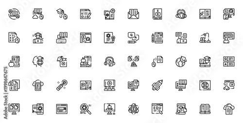 Online Learning icon set. Vector illustration pack with symbols for Elearning, Technology, Study, Education, Video, Exam, Research, Computer, Certificate and more.