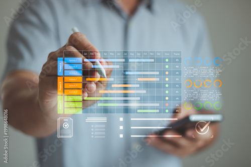 Businessman using smartphone to manage project timeline on virtual dashboard, Gantt chart analytics data, project management, planning, workflow optimization, business performance tracking technology.