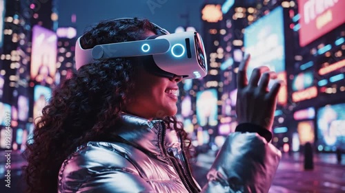 Young woman in VR headset reaching out in neon city.