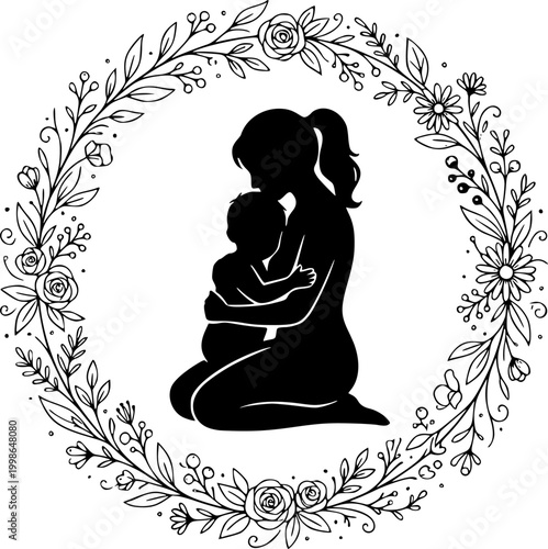 Black Vector Silhouette Mother Holding Child Embrace Mothers Day May Family Love Tender Moment Parent Bond Isolated White Background