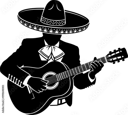 Black Vector Silhouette Mariachi Guitarist Sombrero Cinco de Mayo Mexican Fiesta Festival Hispanic Culture Celebration Isolated White