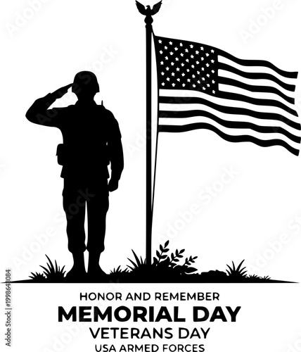 Black Vector Silhouette Military Soldier Saluting American Flag Memorial Day Veterans Honor USA Armed Forces Isolated White Background