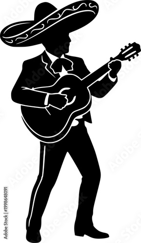 Black Vector Silhouette Mariachi Guitarist Sombrero Cinco de Mayo Mexican Fiesta Festival Hispanic Culture Celebration Isolated White