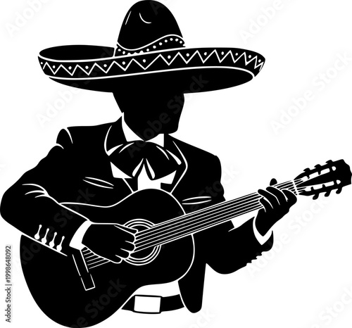 Black Vector Silhouette Mariachi Guitarist Sombrero Cinco de Mayo Mexican Fiesta Festival Hispanic Culture Celebration Isolated White