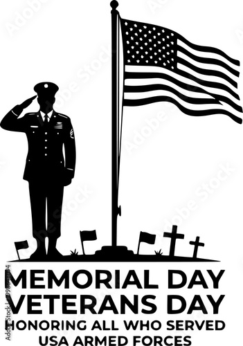 Black Vector Silhouette Military Soldier Saluting American Flag Memorial Day Veterans Honor USA Armed Forces Isolated White Background
