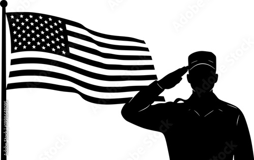 Black Vector Silhouette Military Soldier Saluting American Flag Memorial Day Veterans Honor USA Armed Forces Isolated White Background
