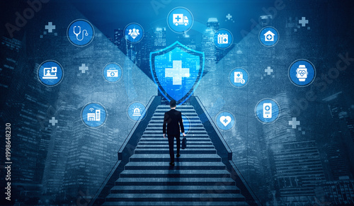 Fotografía A business professional ascends stairs amidst various health icons and a shield symbolizing progress in the healthcare sector, illustrating ambition in an urban environment