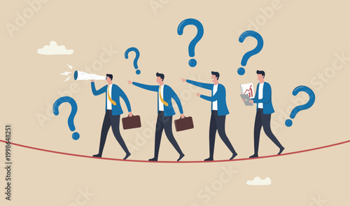 Searching opportunity, profit uncertainty situation, risk management togther investment vision recession, seeking alpha concept, businessman see through telescope while walking risky rope