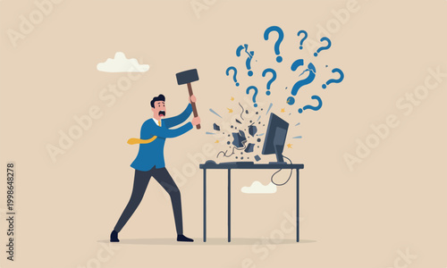 Frustration problem or tech failure, stressful or anxiety from overworked or disappointment and mistake concept, frustrated businessman hitting to computer with hammer.