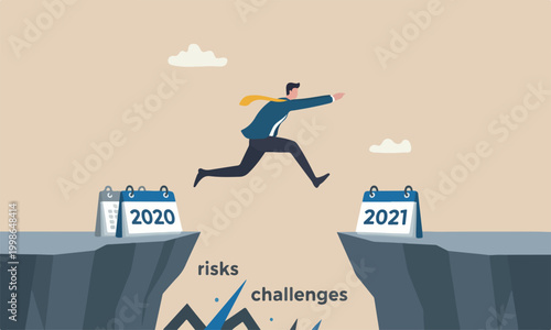 New year 2021 hope for business recovery, change year from 2020 to 2021 calendar or new challenge coming concept, confident success businessman attempt to jump high overcome risk to next cliff
