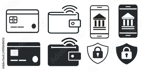Mobile Banking and Digital Payment Security Vector Icon Set Fintech Wallet Credit Card and Secur