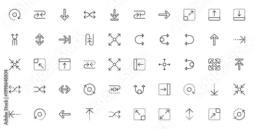 Orientation icon set. Vector arrow symbols pack. Includes orbit, cycle, shuffle, drag, resize, expand, maximize, focus, move and directional arrows. Editable stroke.