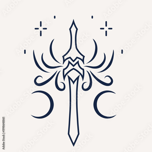 Mystical Celestial Sword with Moon and Stars Line Art Illustration
