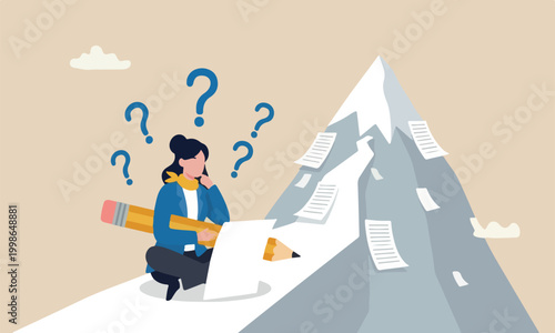 Writer, peak , woman writer meditate on blank paper and holding big pencil thinking about idea to write in her blog or journal