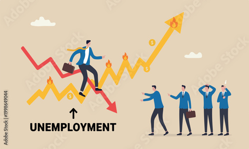 Stagflation economi inflation high up, GDP growth decrease causing by unemployment concept, fearful businessman riding fall down economic graph with inflation high up