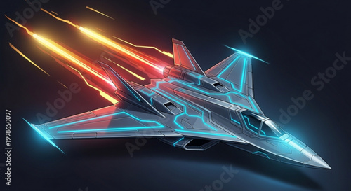 A futuristic fighter jet with glowing blue lines and bright orange lights flying through a dark sky with trails of light behind it rapidly