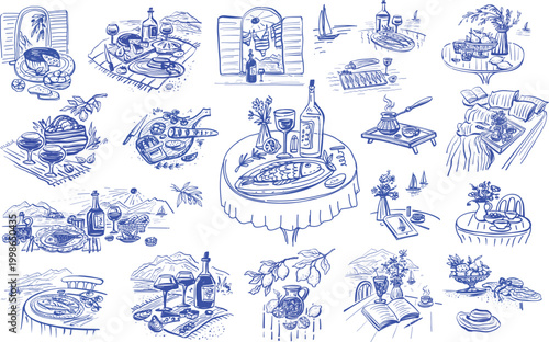 Line art collection of coastal dining scenes with wine fish picnic and seaside views