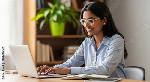 Young indian woman wearing glasses cheerfully working on a laptop at her desk in a contemporary home office or library setting, focusing on her online tasks