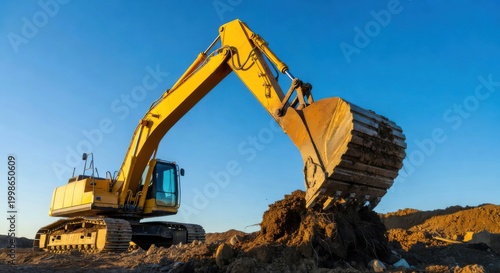 A bright yellow excavator with its large bucket digging into a mound of earth under a clear blue sky, showcasing heavy construction work.