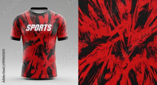 T-shirt mockup abstract texture grunge sport jersey design for football, soccer, racing, esports, running, black red color