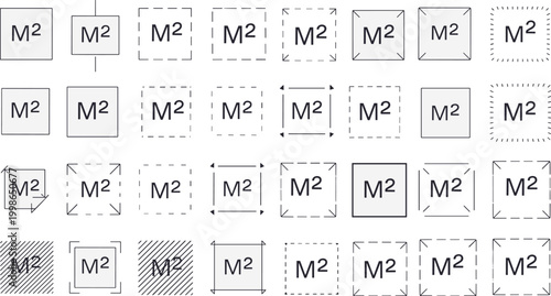 Collection of square with m2 text and various border styles symbol measurement