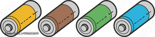 Four colorful cylindrical batteries in a row on a white background battery power energy electricity