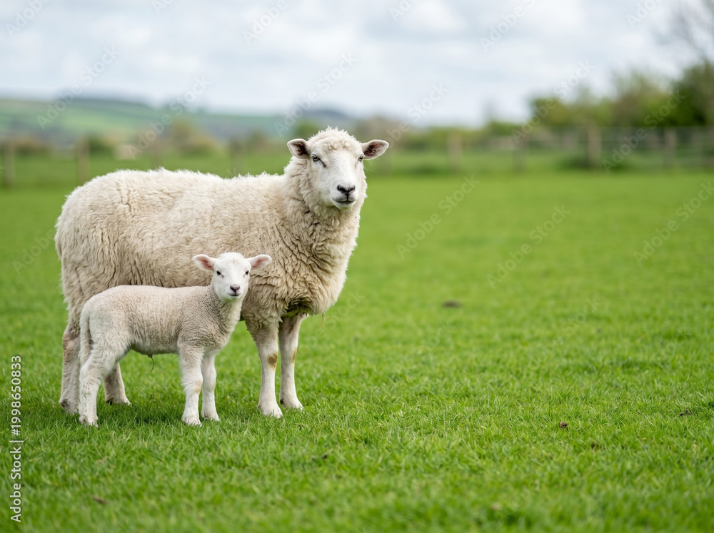 Fototapeta premium mother sheep with baby lamb standing together on green grass with copy space showing livestock farming and rural agriculture concept