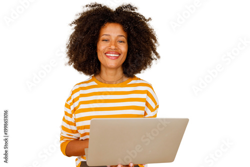 Cuadro en lienzo Smiling young woman with afro hairstyle using laptop, engaging with technology,