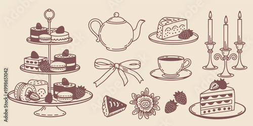 Afternoon tea set with cakes macarons teapot cup and candles pastries