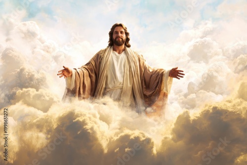 A depiction of a divine figure emerging amidst heavenly clouds with open arms