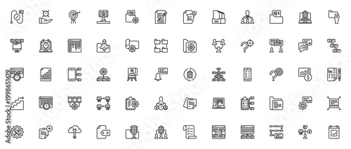 Tasking_4958 icon set. Workflow, time management, strategy, file organization, multitasking, analytics, and productivity vector icons. Editable thin line illustrations.