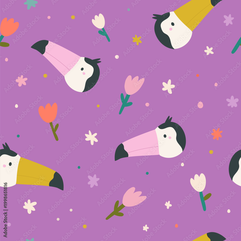Fototapeta premium Seamless pattern with cute toucan heads for kids nursery, wallpaper.