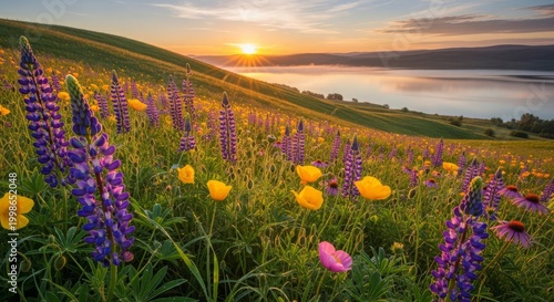 Golden Sunset Over Colorful Flower Field By Lake.