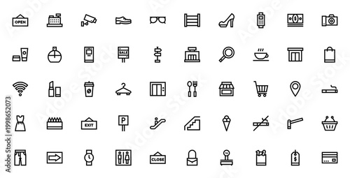Mall_8435 icon set. Shopping center vector icons pack. Includes open, cashier, payment, escalator, parking, store, shopping bag, cart, ATM, coffee shop and more. Editable stroke.