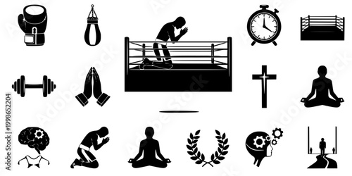 Boxer Kneeling in Prayer Before Fight Silhouette Vector
